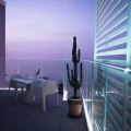 Terrazza moderna con tavolo, sedie e un cactus al tramonto.